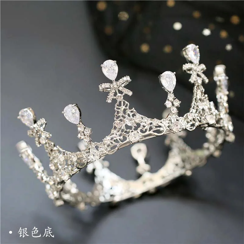 

Korean Style Glorious Bride Marriage Wedding Dress Headdress round Crown White Zircon Man-made Diamond Bow Crown Birthday Hair A