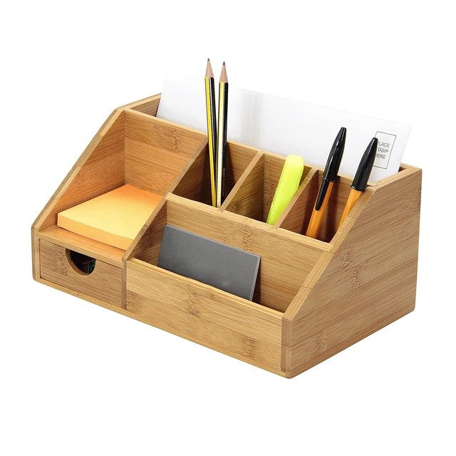 Bamboo Pen And Pencil Caddy Set With Drop-in Dividers, Phone Holder Storage  Of