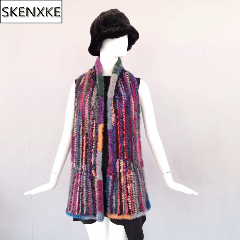 

Girl Fashion Hand Knit Colorful Real Mink Fur Scarf Shawl Natural Mink Fur Muffler Women Winter Warm 100% Real Mink Fur Scarves