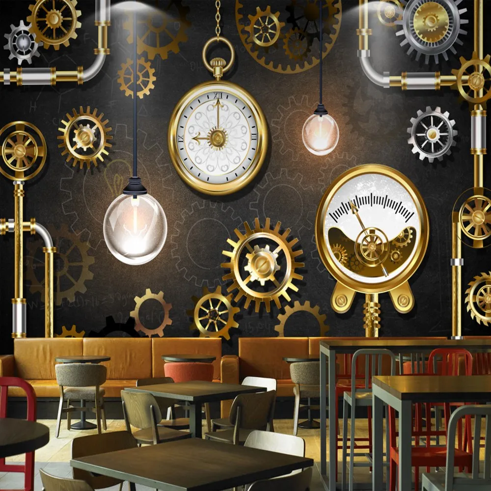 

Dropship Dropship Custom 3D Mural European American Industrial Golden Gear Clocks Blackboard Background Wallpaper For Restaurant