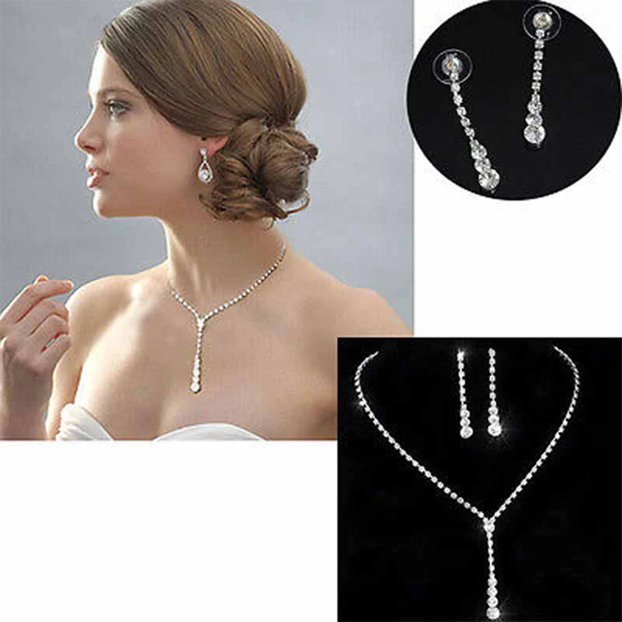 Silver Plated Crystal Earrings Necklace Sets Bridal Bridesmaid Wedding Engagement Jewelry Sets Rhinestone Necklace Earrings Set