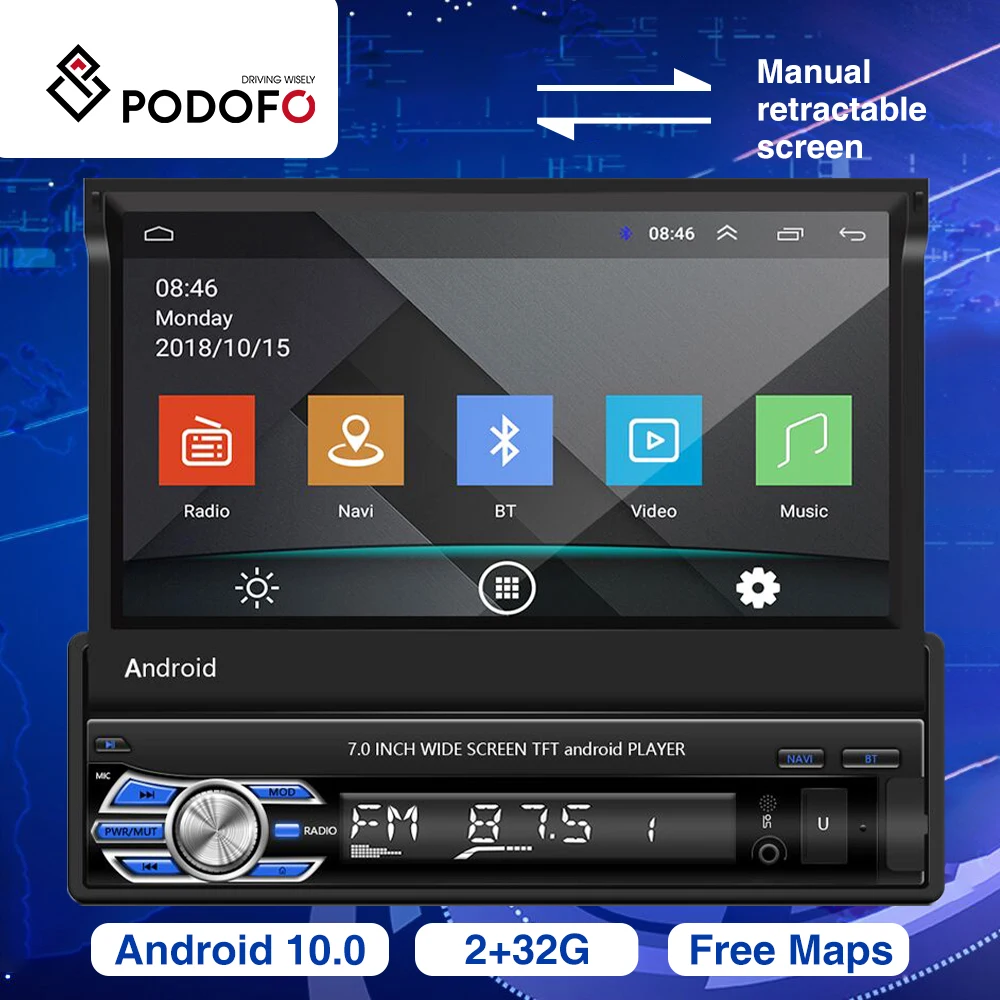 Podofo Android 1Din Car Multimedia Player 2+32G Optional 7'' HD Touch Screen One Din Car Radio GPS Wifi Bluetooth Tape Recorder