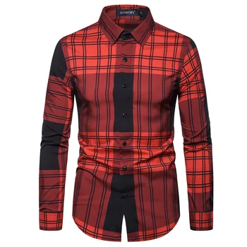 

MarKyi red plaid long sleeve mens dress shirts 2020 new good quality mens office shirts big size