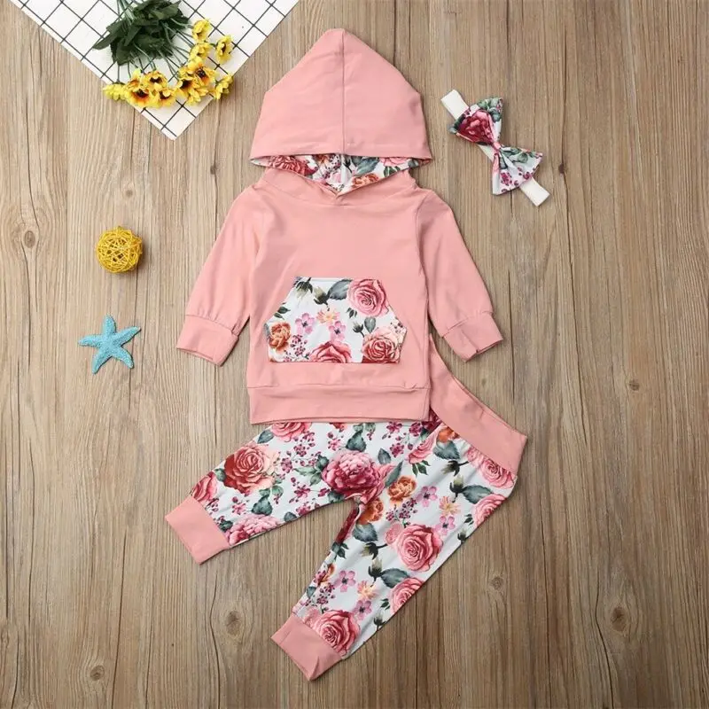 Комплект одежды с цветочным принтом для маленьких девочек от 0 до 24 месяцев, топы с капюшоном и длинными рукавами и штаны, спортивный костюм осенне-весенняя одежда с цветочным принтом