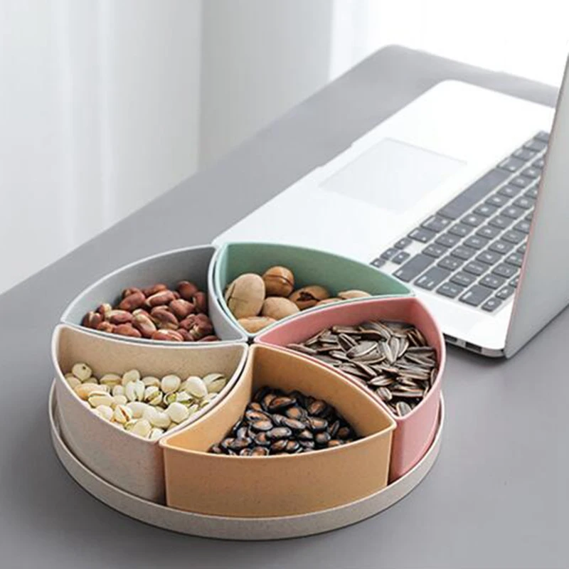 

Wheat Straw Round Divided 5 Compartment Candy Snack Organizer Storage Serving Container Dish Platter with Lid