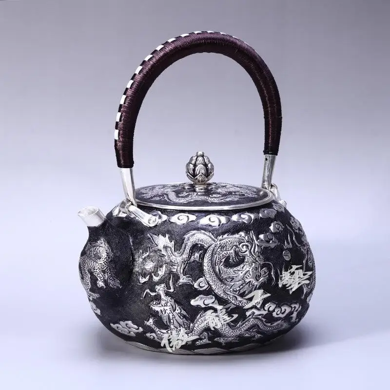 Чайник, чайник, чайник с горячей водой, железный чайник, чайник из нержавеющей стали, чаша для чая, Емкость 1100 мл, Стерлинговое Серебро ручной работы S999 - Цвет: Silver teapot 783g