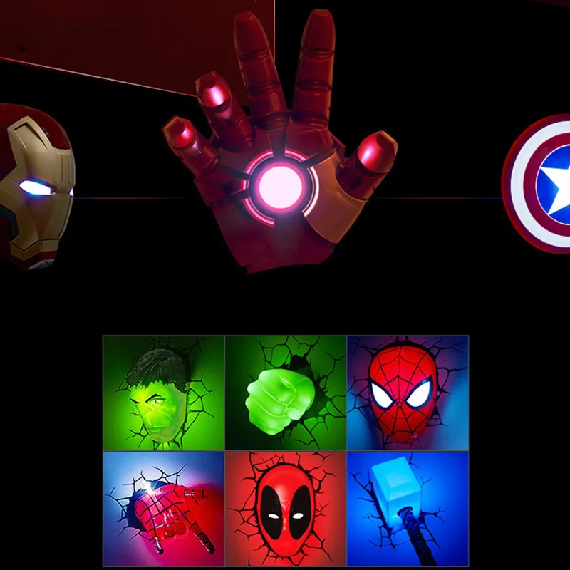 Marvel Мстители светодиодный настенный светильник спальня гостиная 3D креативный светильник Железный человек для человека-паука Халк Дэдпул капитан Американский Quake