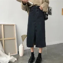 MEVGOHOT женские черные джинсовые юбки с высокой талией Осень Зима Прямые джинсовые юбки женские с открытой вилкой Простые Длинные юбки HD2262