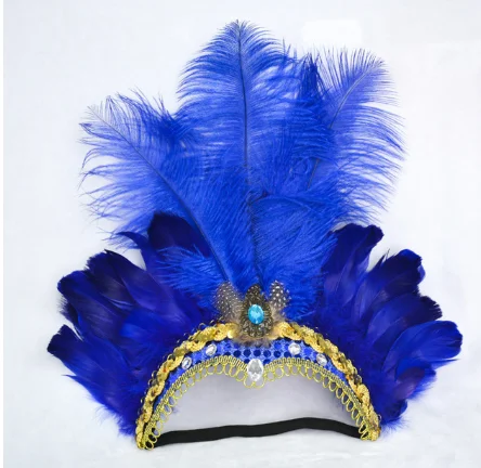 Women Halloween Indian Peacock Feather Headband Festival Headdress Showgirl Garland Headpiece Carnival Hair Accessories - Цвет: Синий