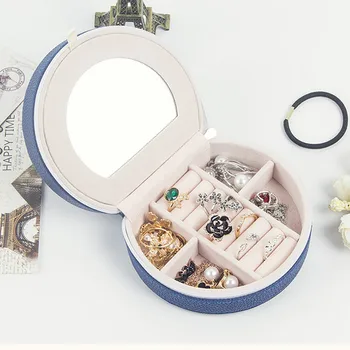 

Hot Creative New Travel Mini Jewelry Organizer Case Round Storage Bag Holder For Necklace Earrings And Ring With Mirror