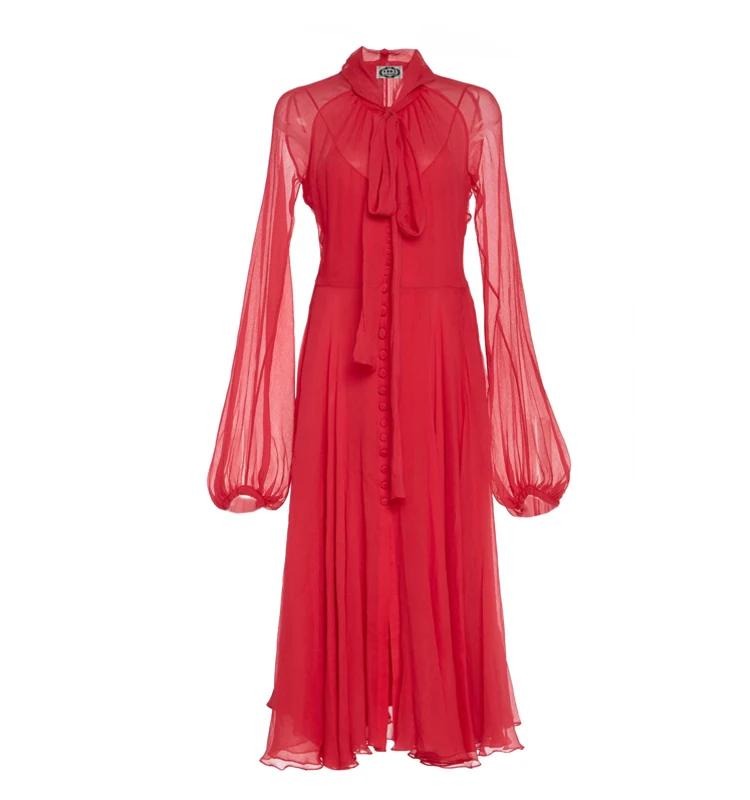 COLOREE осеннее женское красное платье Элегантное однобортное платье с длинным рукавом и бантом дизайнерское платье высокого качества для подиума - Цвет: Красный