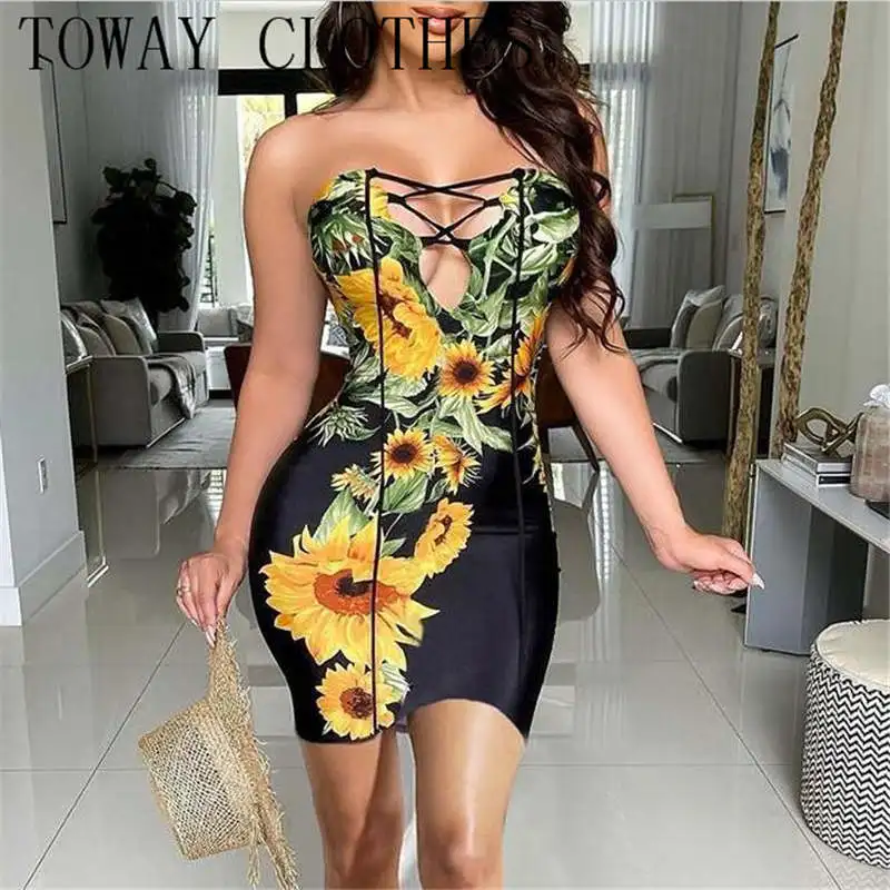 

Straight Across Sleeveless Sunflower Print Bandeau Lace-up Bodycon Dress Chic Sexy Mini Summer Dresses For Women 2023