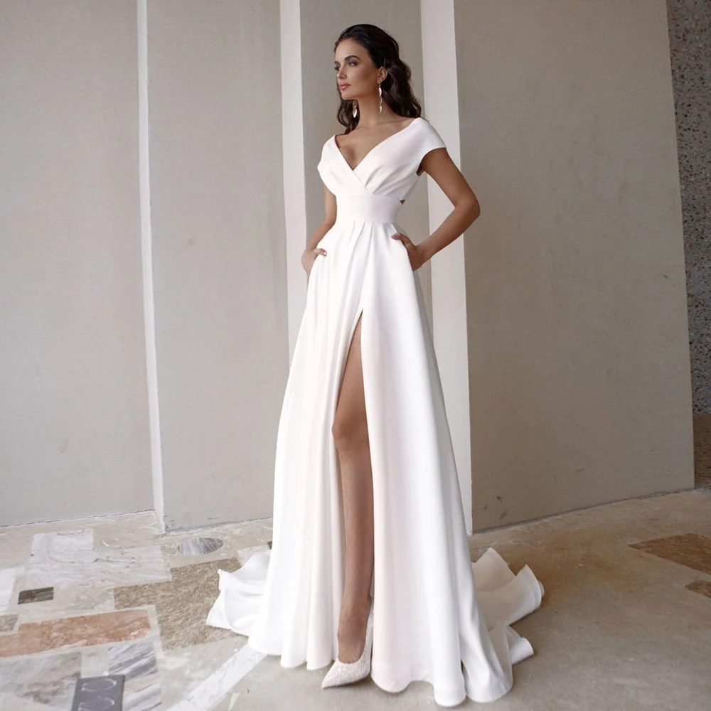 Modest V Neck Civil Wedding Dress with Slit for Women Simple Cap Sleeve Sweep Train A