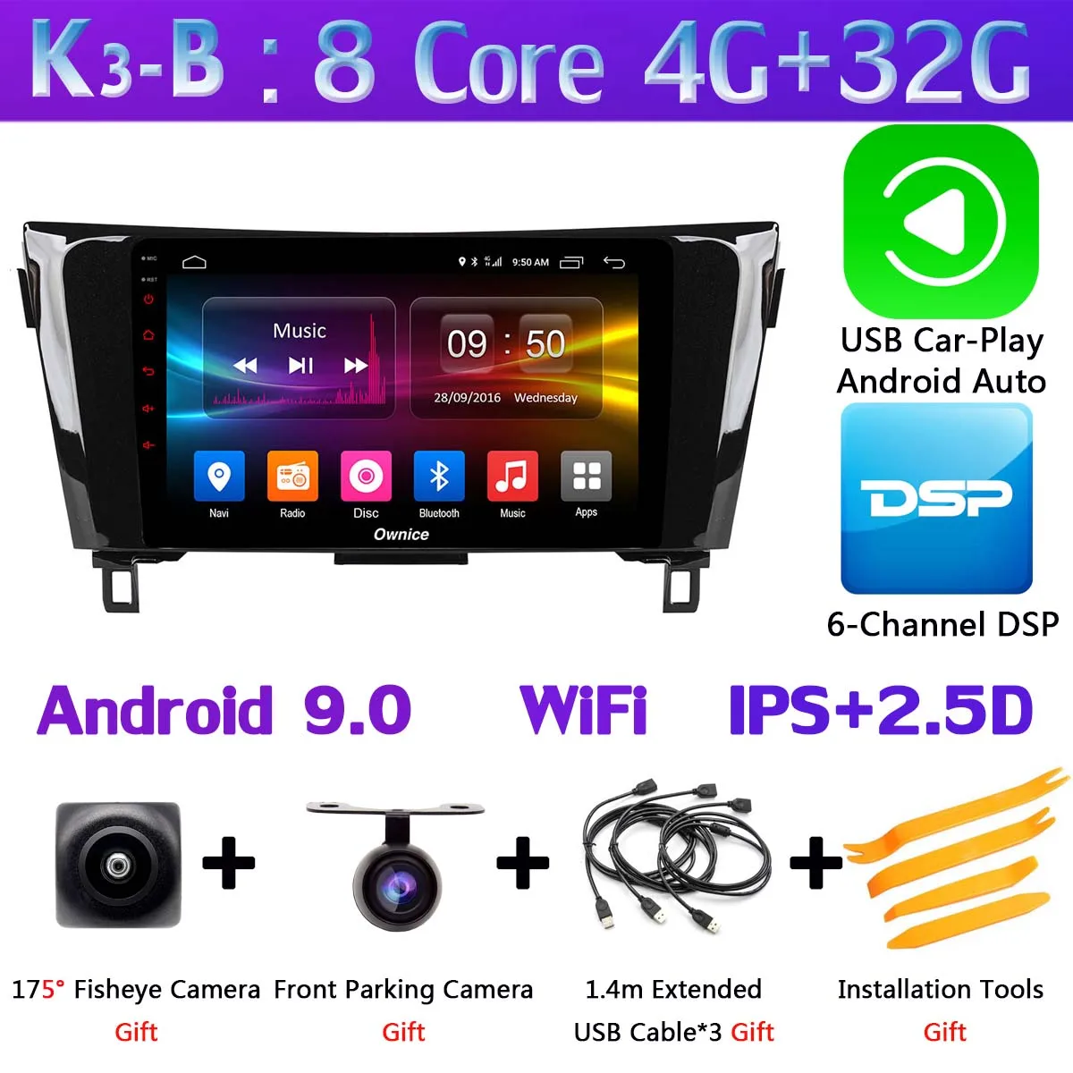 K3-B-CarPlay 360 ° камера Android 9,0 4G+ 64G gps радио CarPlay DSP автомобильное мультимедийное головное устройство стерео плеер для Nissan X Trail X-Trail Qashqai - Цвет: K3-B-CarPlay