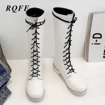 

White Black Winter 2019 New Mid Calf Boots Women Plus Big Size 12 Fashion Platform Med Heels Shoes Woman Round Toe Boot Solid Pu