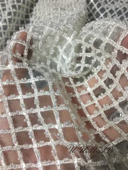 

Embroidered Tulle Net Lace Fabric with Pearls African Net Lace Fabric with Beads for Party Dress