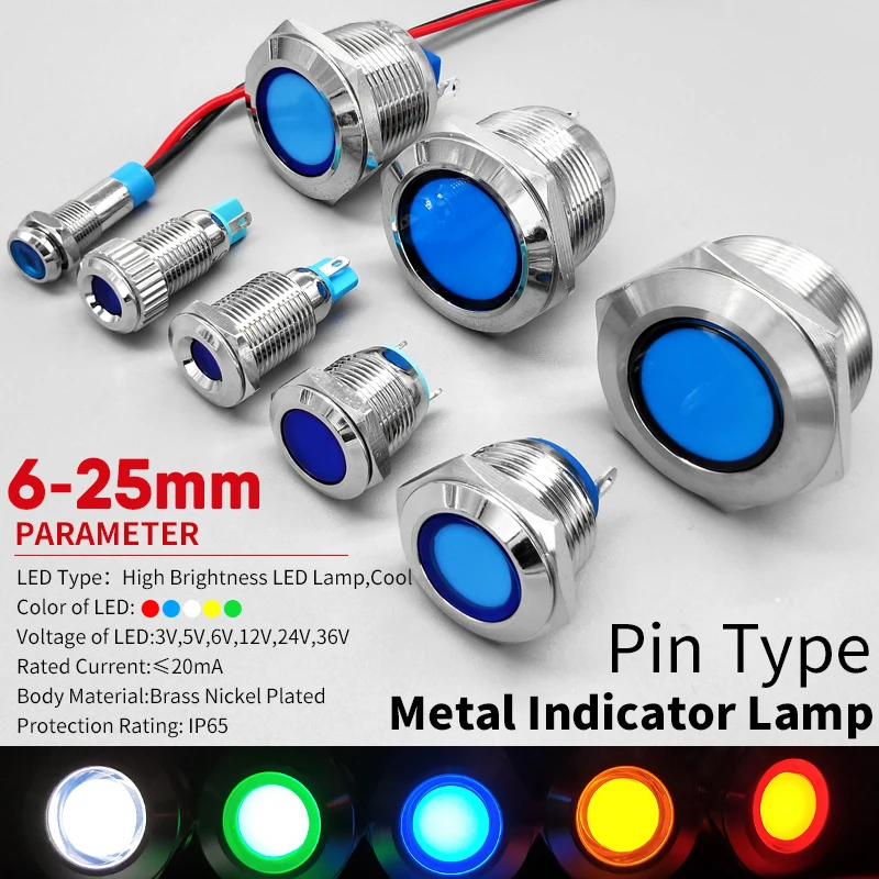 

1pc 6 8 10 12 16 19mm Waterproof IP67 Metal LED Warning Indicator Light Signal Lamp Pilot Wire 3V 5V 12V 24V 110V 220V