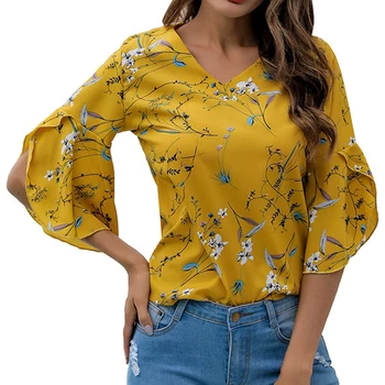 

Women Summer Blouses New Women Floral Print Flare Sleeve Split Shirt V-neck Boho Beach Shirt Tops And Blouse Woman