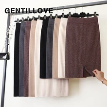Gentillove зимняя трикотажная длинная юбка в рубчик, Женская винтажная однотонная прямая юбка с эластичной талией, свитер в рубчик, юбка средней длины, новинка