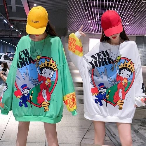 

2019 Autumn Winter Europa Individual Fashion Printing Loose Mickey Cartoon Printed Women Female Loose Street Sweatshirts Slim