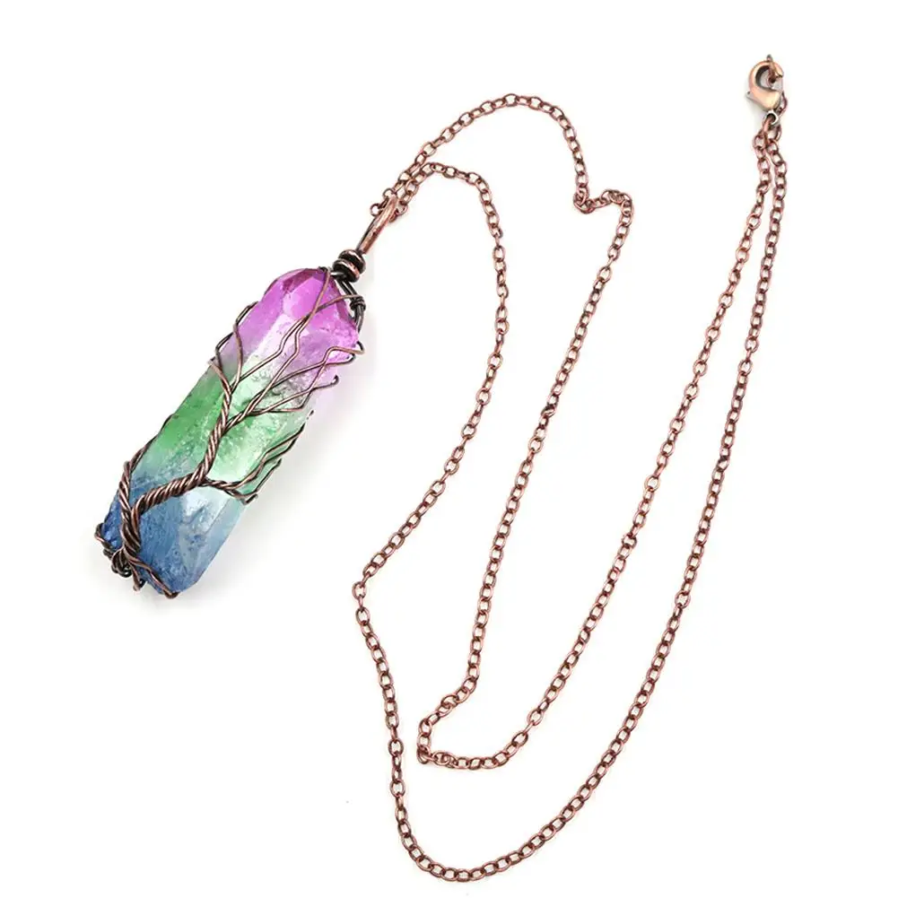 Natural Clear Rock Quartz Tree Of Life Healing Crystal Wire Wrap Pointed pendant