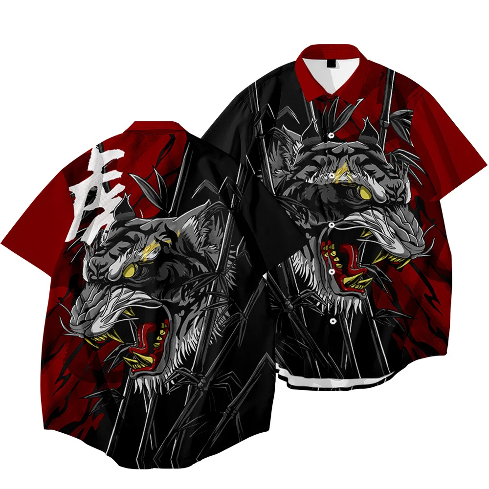 

New Lapel Short Sleeve Shirt Year of the Tiger-FIERCE (red and Black Contrast) Fashion Printed Cardigan Shirt Men's Top