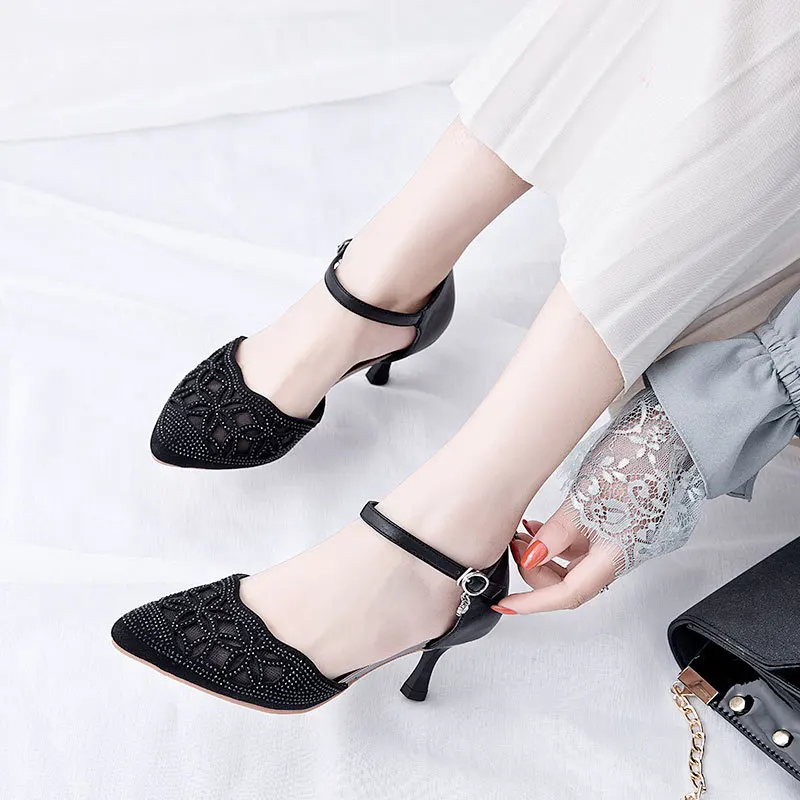 

2019 Spring Pointed-Toe Full-grain Leather Korean-style WOMEN'S Sandals Buckle Extra High High-heeled Shoes