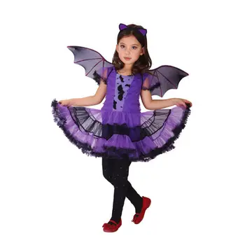 

New anime Girls Halloween Purple Bat Vampire Princess Dress Wing Headband Cosplay Costume Kids Sets Scary Clown Witch Clothes