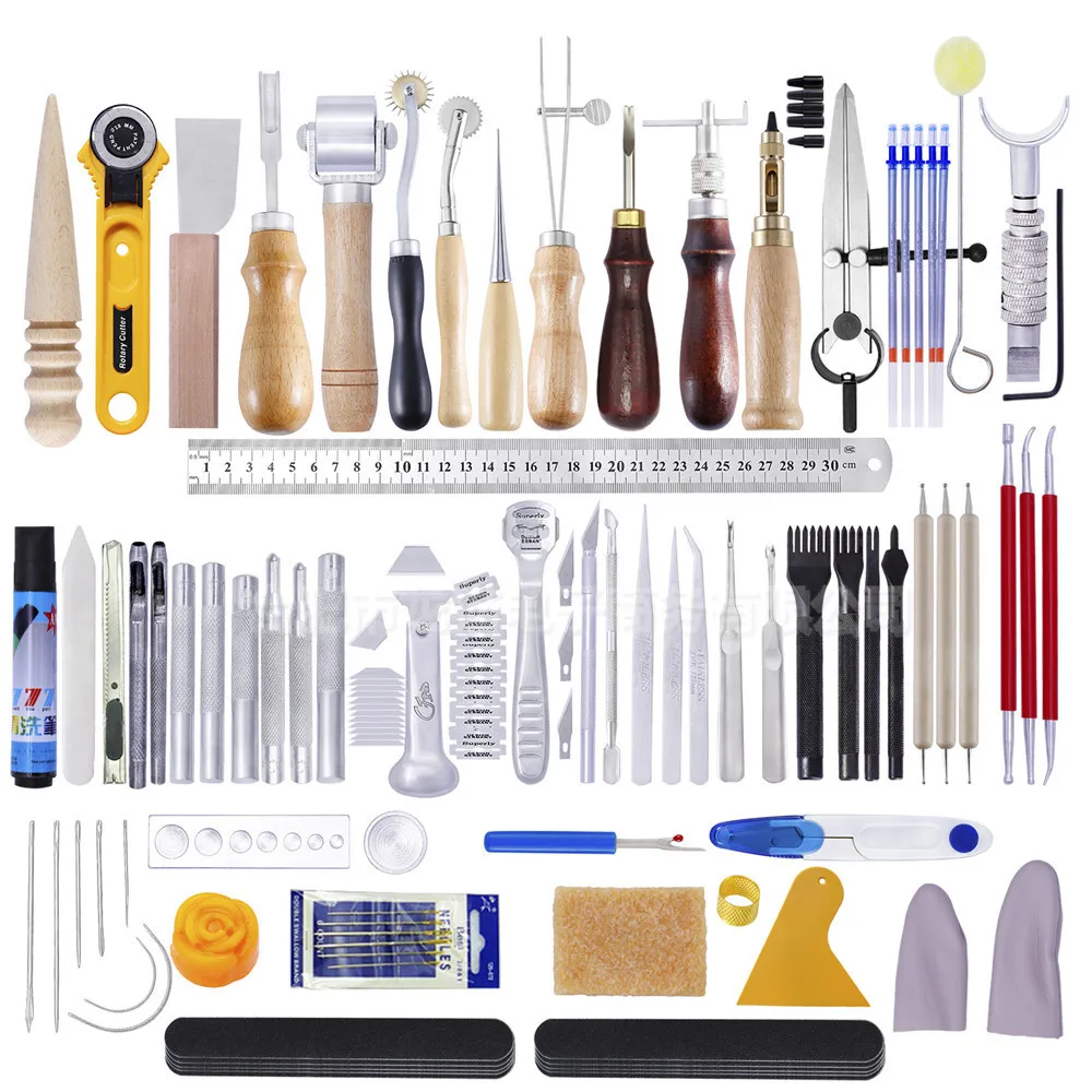 Get 83Pcs DIY Leather Stitching Tool Hand Sewing Kit with Prong Hole Punch Edge Stamping Creaser Groover Awl Leathercraft Tools Set