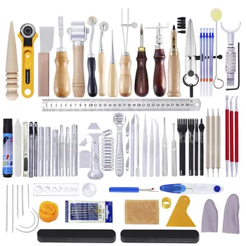 Best 83Pcs DIY Leather Stitching Tool Hand Sewing Kit With Prong Hole Punch Edge Stamping Creaser Groover Awl Leathercraft Tools Set