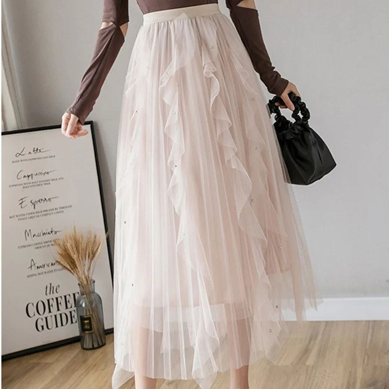 

Shintimes 2020 Autumn Ruffles Skirts Womens Beading Mesh Tulle Skirt Women Elastic High Waist A Line Midi Skirt Pleated Female