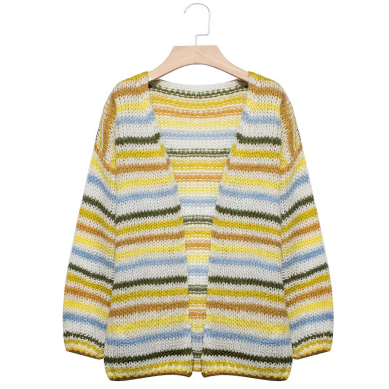 Misswim повседневное Полосатое Свободное пальто многоцветная строчка вязаный свитер осень зима Длинные кардиганы с длинными рукавами оверсайз - Цвет: X19ST1099-2