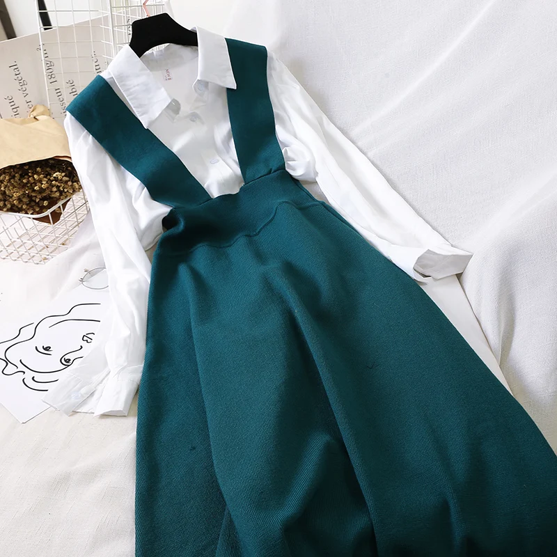 YuooMuoo комплект из двух частей белая блузка рубашка и трикотажное платье на бретелях осеннее винтажное женское платье элегантное женское длинное платье