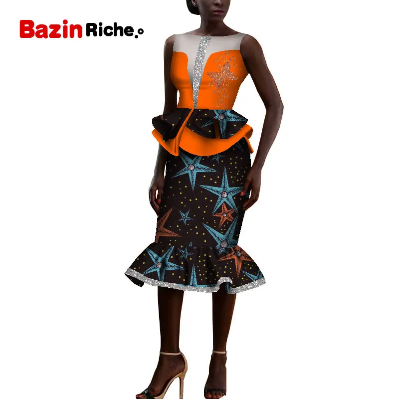 20 Африканская Дашики, одежда, элегантная женская юбка, комплект femme Bazin Riche, хлопок, плюс размер, два предмета, горячая буровая отделка, wy5403 - Цвет: 20