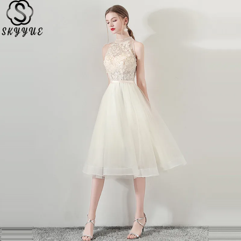 Skyyue платье для выпускного вечера с высоким воротником без рукавов Тюль Vestidos De Fiesta A-Line кружево контрастного цвета Vestidos De Gala LX1047