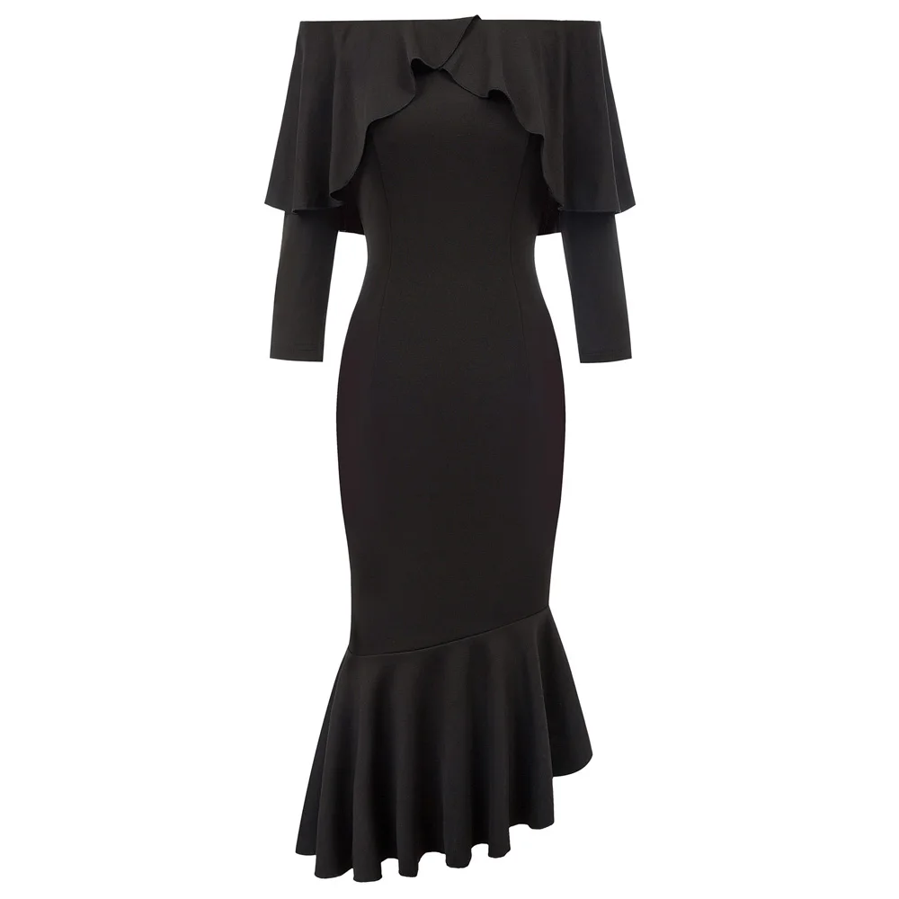 

gK black Party Dress Long Sleeve Autumn Winter Office Dress 2019 Elegant Ruffled Butterfly Vintage Trumpet Dress
