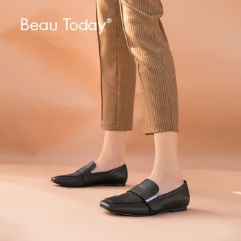 

BeauToday Genuine Leather Loafers Women Soft Calfskin Square Toe Slip On Metal Decoration Top Brand Ladies Flats Handmade 27114