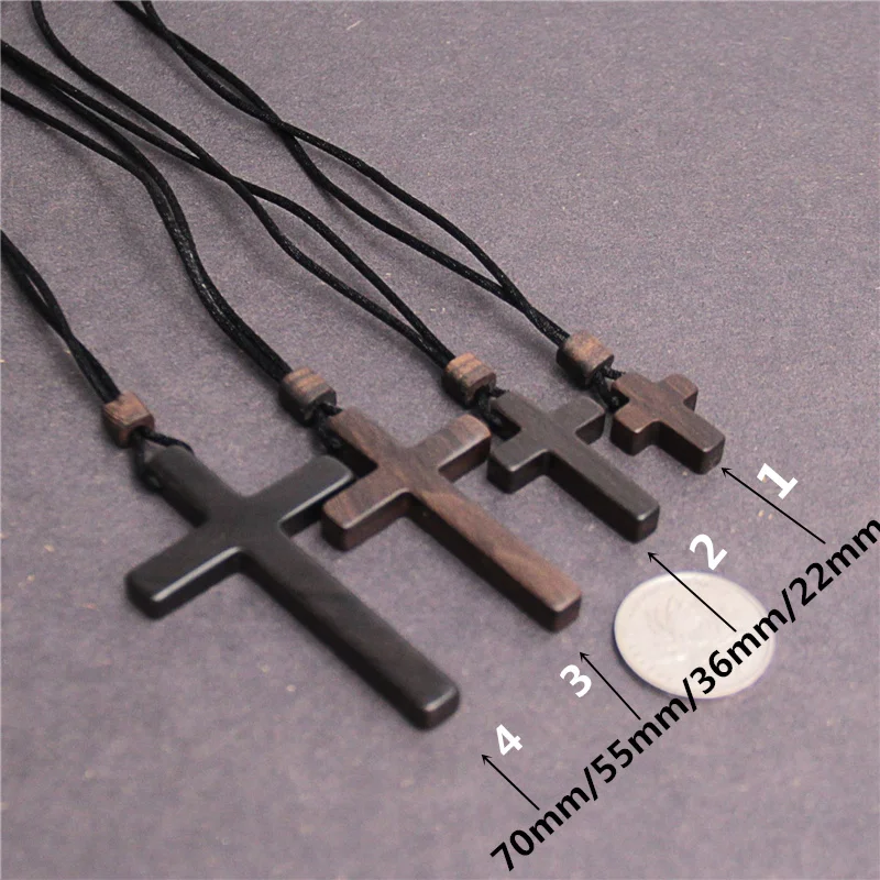 Hand Carved Tapered Wooden Cross Necklace for Men & Women on Adjustable Long Leather Cord - Available in Black or Brown - Wood Cross Pendant Gift
