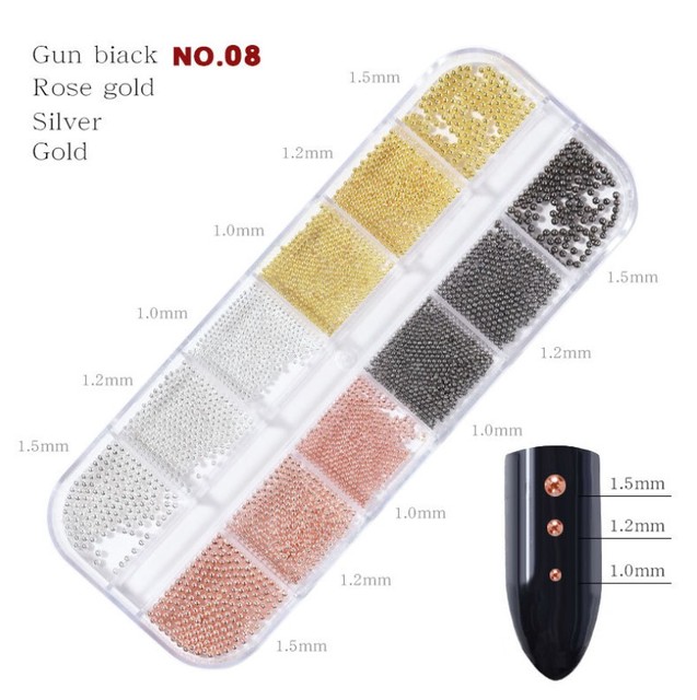 Mixed Size Small Metal Stainless Steel Ball Nail Art Rhinestones Caviar Decorations Bead Pearls Black Gold Silver Rose