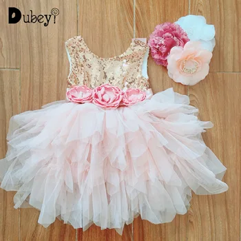 

Kids Sequin Party Dress for Girls Sister Flower Girls Wedding Dress with Floral Sashes 10Yrs Birthday Clothes