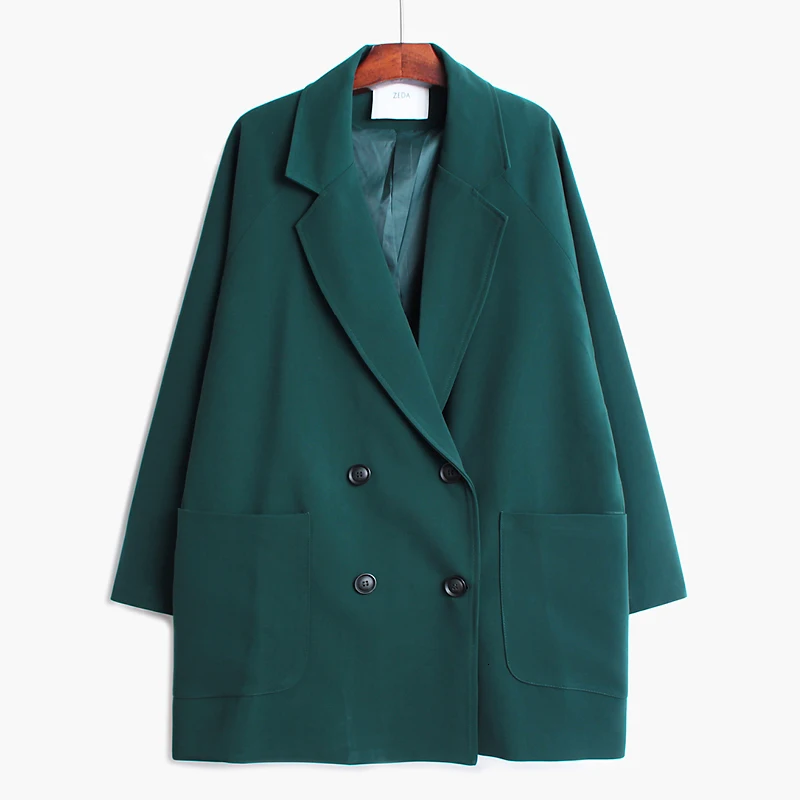 [EAM] Свободная двубортная куртка большого размера с карманами, новая женская куртка с отворотом и длинным рукавом, модное осенне-зимнее пальто 1H126 - Цвет: Blackish green