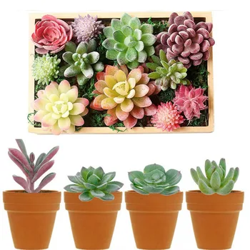 

14Pcs Plastic Artificial Succulent Flocked Plant Fake Cactu-s Lotus Landscape Home Decor Without Flowerpot Flocking Succulents