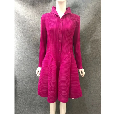 rose red Лидер продаж Miyake модное однотонное платье воротник стойка длинный рукав кнопка бутон платье Лидер продаж - Цвет: rose red