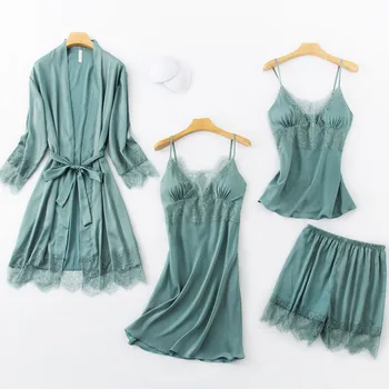 

Pajamas Suit Lace Trim Satin Lady 4PCS Sleep Set Wedding Kimono Bathrobe Gown Sleepwear Sexy Loose Intimate Lingerie Nightgown