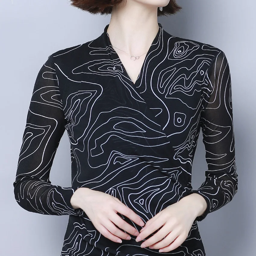 

Women t-shirt Fashion casual long sleeve Autumn mesh tops Elegant slim print v-neck shirt plus size female t-shirt