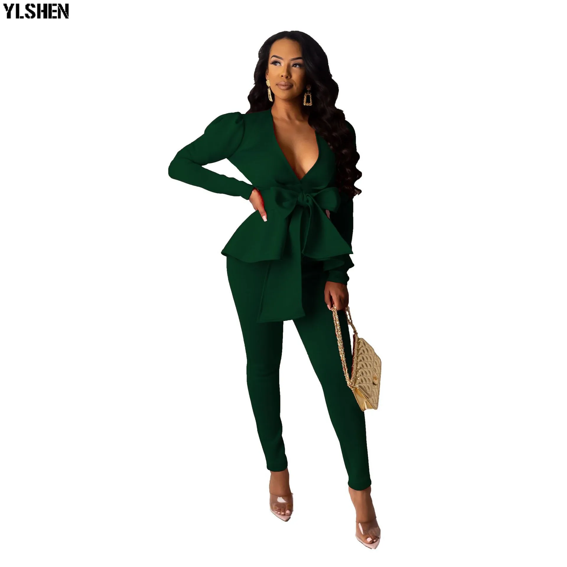 Dark green Комплект из 2 предметов, африканская одежда, Африканский Дашики, Дашики модный костюм с бантом(топ и брюки), эластичный Базен, вечерние размера плюс для леди - Цвет: Dark green