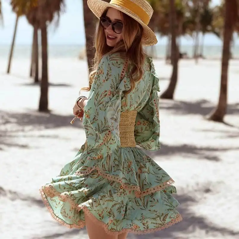 DEAT 2020 spring summer Boho Dress Rayon Turquoise Summer Dresses Mini Women Dresses Long Sleeve Party Dress Women MF482