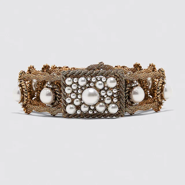 ZA New Women Fashion Imitation Pearls Vintage for Women Wedding Metal Leather Belts Bohemian Girls Gift Statement Belt - Окраска металла: 7