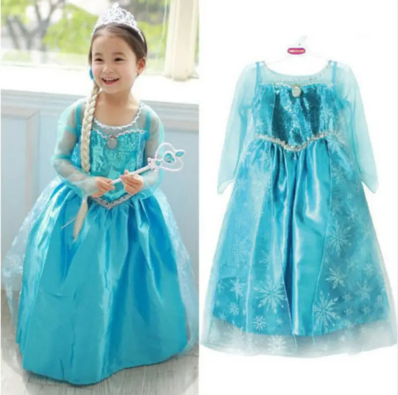 Baby Girls Shiny Sequined Princess Cosplay Costume 3-8Y Kids Children Blue A Line Satin Mesh Party Dress Ball Gown | Детская одежда и