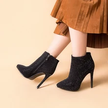 Женские ботильоны на молнии на высоком каблуке 10,5 см модные ботинки острый носок чёрный; коричневый пикантные роскошный, Кристальный, со стразами обувь A670-252